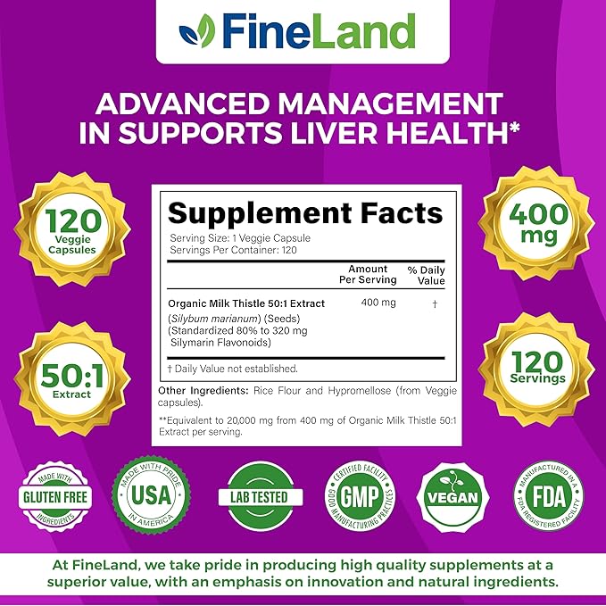 FineLand Milk Thistle Pills 50:1 Extract with 80% Silymarin Flavonoids – Liver & Antioxidant Support - 50X Concentrated Seed Extract -120 Vegan Capsules, Non-GMO, Made in USA