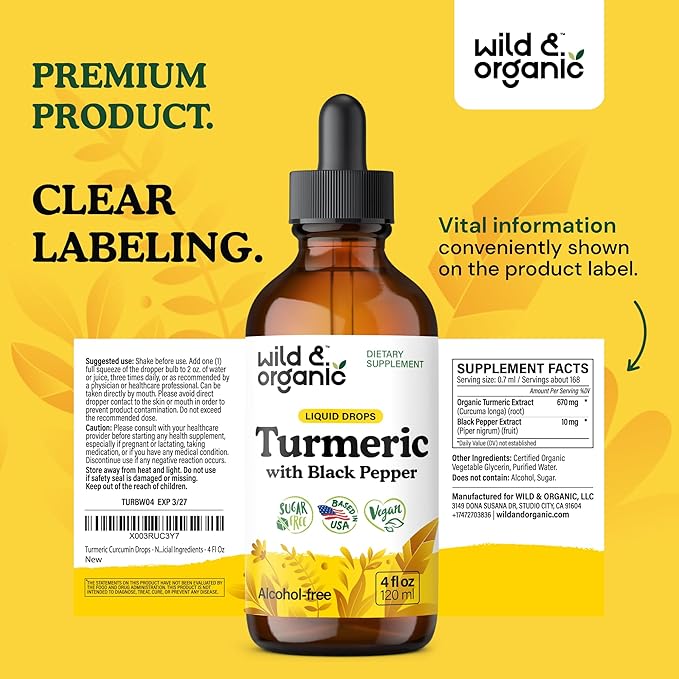 Wild & Organic Turmeric Supplement Liquid Drops - Movement & Immune Support - Liquid Turmeric with Black Pepper Extract - Add to Tea Tincture - Curcumin Supplements - Sugar & Alcohol-Free - 4 fl oz