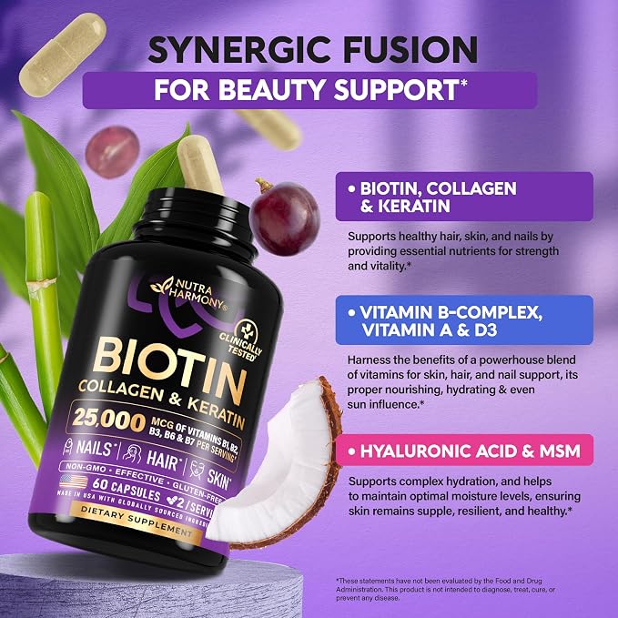 Biotin | Collagen | Hyaluronic Acid | Keratin - Support Normal Hair Growth Cycle, Skin & Nails - Clinically Tested - 25000mcg Vitamins B1, B2, B3, B6 & B7 - for Women & Men - Made in USA | 60 Capsules
