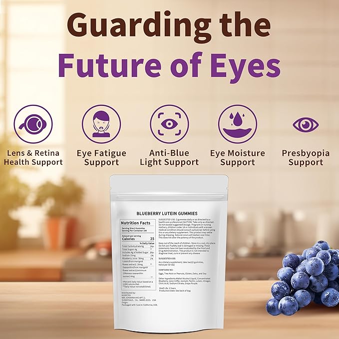 Blueberry Lutein Eye Vitamins Gummies with 180 Count - 3 Month Supply, Vegan Eye Health Supplement for Kids and Adult, Lutein Gummies for Vision Clarity and Blue Light Support