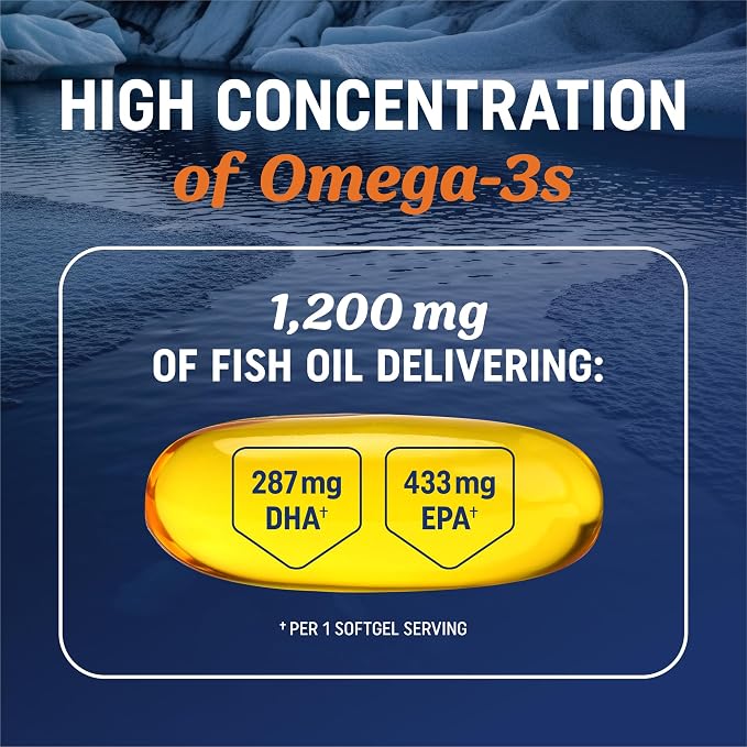 Triple Strength Omega 3 Fish Oil 1200 mg | EPA & DHA | Wild Caught, Sustainably Sourced Omega-3 Fatty Acids | Premium Burpless Fish Oil Supplements | Non-GMO, Third-Party Tested | 30 Softgels