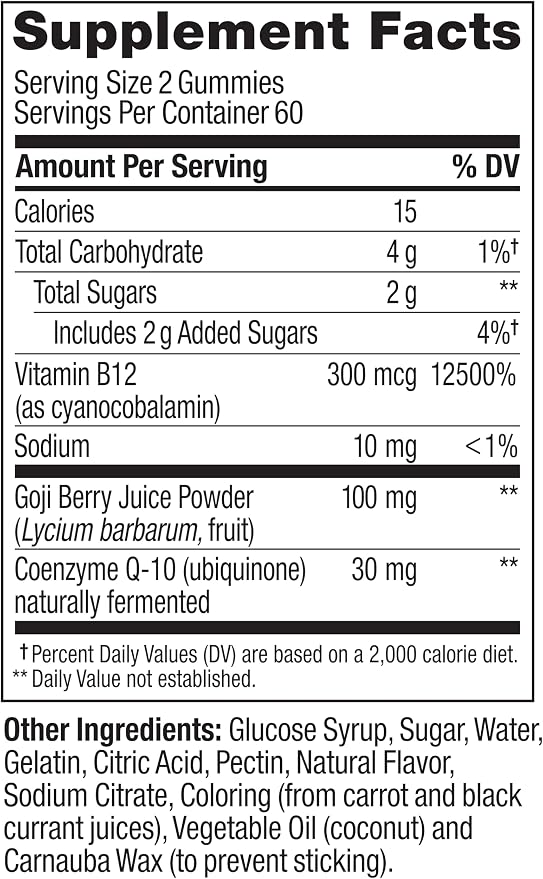 OLLY Daily Energy Gummy, Caffeine Free Cellular Energy Production,* Vitamin B12, CoQ10, Goji Berry, Adult Chewable Supplement, Tropical Passion Flavored, 60 Day Supply - 120 Count