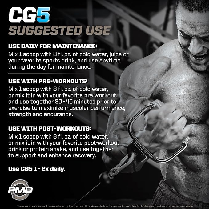 PMD Sports CG5 - Premium Creatine & L Glutamine Powder - Maximum Strength Power Recovery, Build Lean Muscle, Increase Workout Performance - Pre Workout & Post Workout - Blue Raspberry (30 Serv)