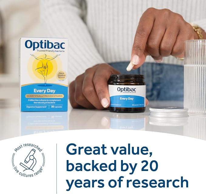 Optibac Probiotics for Digestive Health, 30 Capsules | 6 Scientifically Researched Strains with 5 Billion Live Cultures | Gluten Free & Vegetarian | Supports Gut Flora & Digestive Health
