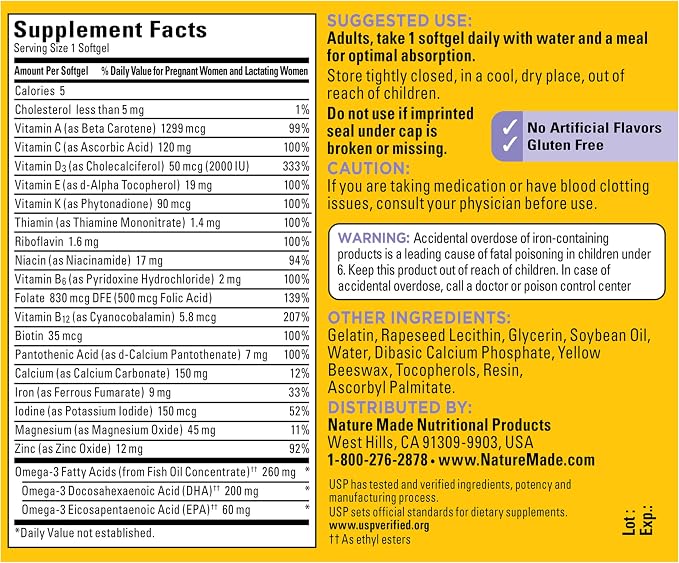 Nature Made Postnatal Multivitamin + DHA 200 mg, Postnatal Vitamins for Women, Includes Iron, Vitamin D3, Calcium, Iodine & More for Breastfeeding Moms, 60 Softgels