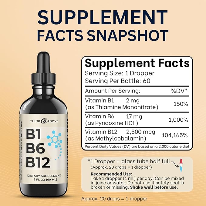 B1 B6 B12 Vitamin Liquid Drops - Daily Wellness Support Supplement - Fruity-Like Flavor - Methylcobalamin, Thiamine, Pyridoxine - 60 Day Supply - 2 oz - for Men and Women - Simply Made