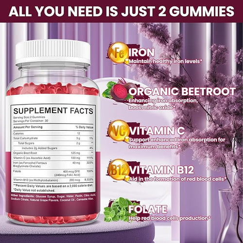 (2 Pack) Iron Gummies Supplement for Women & Men, Iron Supplements for Anemia with Vitamin C, B12, Folate-Blood Builder & Energy Support for Iron Deficiency - Grape Flavor, Vegan, 120 Gummies