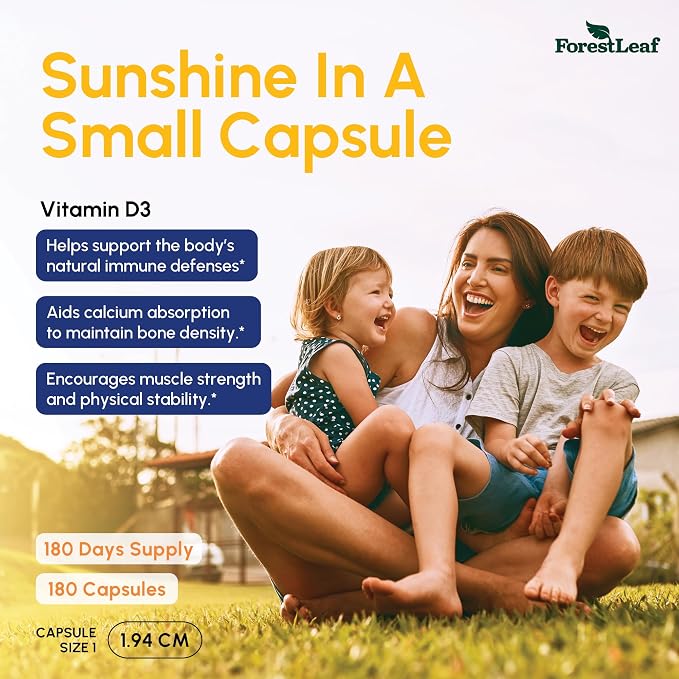 ForestLeaf Vitamin D3 10,000 IU | VIT D - VIT D3 Vitamin D Supplements for Women and Men | Bone Health, Teeth and Immune Support | Easy to Swallow Pills | High Potency Daily, 6-Month Supply, 180 Caps