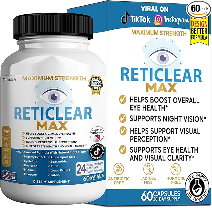 Reticlear Max Eye Health Supplement, 60 Capsules, Vision Support with 24 Natural Ingredients, 30 Day Supply (1)