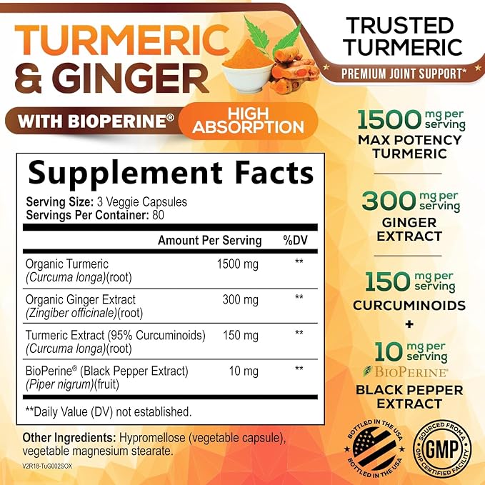 Turmeric Curcumin Supplement - 95% Curcuminoids with Organic Turmeric & Ginger, BioPerine Black Pepper Extract for Best Absorption, Natural Vegan Joint Support, Non-GMO, Bottled in USA - 240 Capsules
