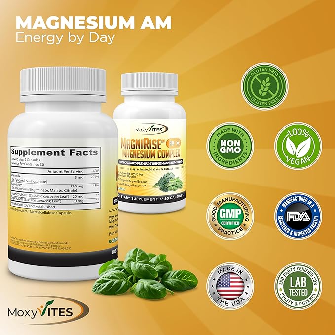 MoxyVites MagniRise™ AM– Magnesium Complex for Women & Men - 200mg Magnesium Bisglycinate, Malate, Citrate, B6, Organic SuperGreens – Chelated, High Absorption – Pairs with MagniRest™ PM – 60 Capsules