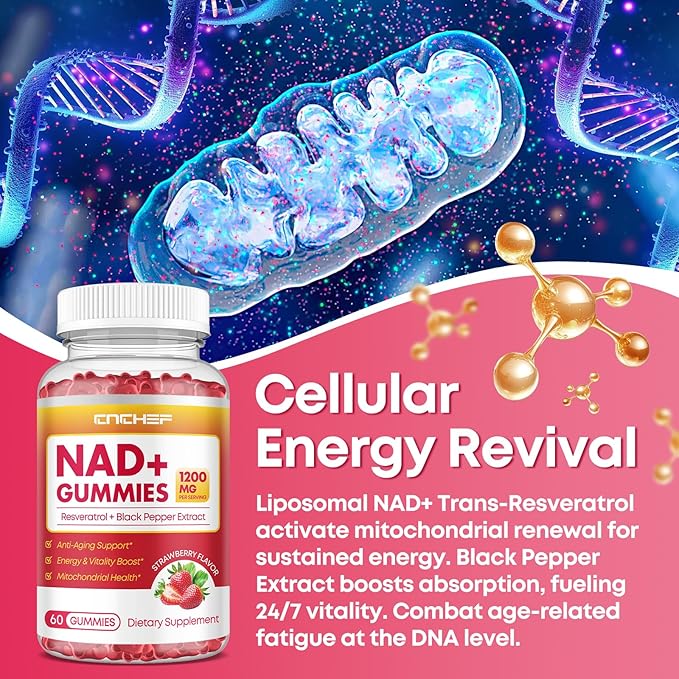NAD+ Gummies, 1200mg Liposomal NAD Supplement for Women & Men with Trans-Resveratrol & Black Pepper Extract Anti-Aging Supplement, Brain & Cellular Mitochondrial Health - 120 Gummies Strawberry