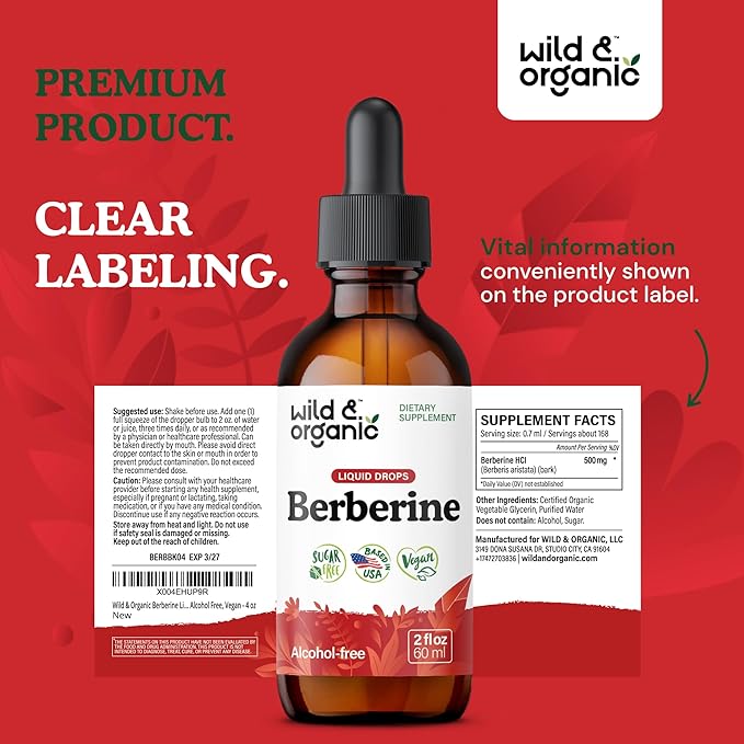 Wild & Organic Berberine Supplement 500mg - Antioxidant Support - HCL Berberine Liquid Drops - Add to Tea Tincture - Berberis Aristata Bark Extract - Vegan, Alcohol & Sugar-Free - 2 fl oz