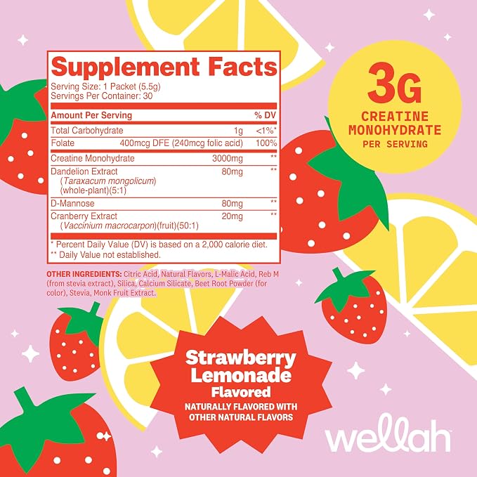 Wellah Creatine for Women (Strawberry Lemonade) 30 Stick Packs - 3g of Creatine Monohydrate with Dandelion & Cranberry Extract, to-Go Packets