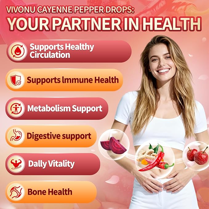 VivoNu Cayenne Pepper Softgels Supplement, Supports Leg Vein, Heart and Blood Vessel Health, with Vitamin E D3+K2 and Extracts of Grape Seed, Hawthorn, Beetroot, Berberine (Drops /4 Bottle)