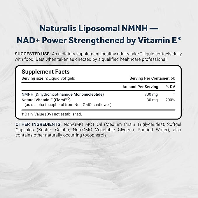 Naturalis Liposomal NMNH 300mg (NMN Alternative) | Boost NAD+ Levels & Support Healthy Aging* | Bioenhanced with Vitamin E for Advanced Absorption, Stability & Antioxidant Protection* | 120 Softgels