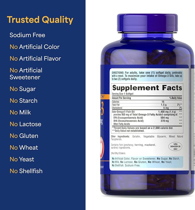 Puritan's Pride Triple Strength Omega-3 Fish Oil 1400mg, Active Omega-3 950mg, Dietary Supplement for Heart, Joint, and Cellular Health Support, 240 Rapid Release Softgels (Packaging May Vary)