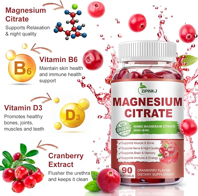 Magnesium Citrate Supplements for Women/Men, Magnesium Citrate 400mg with Vitamin D3, Vitamin B6 and Cranberry Extract High Absorption, Improved Night Quality Muscle & Bone, 180-Count, 90 Days Supply