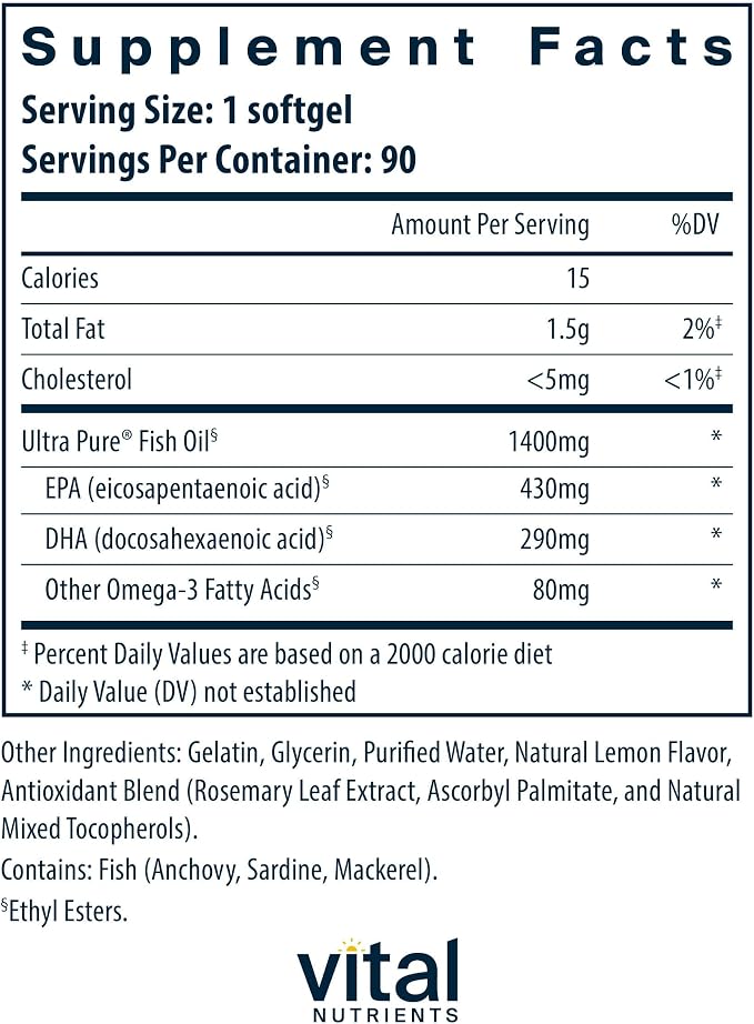 Vital Nutrients Ultra Pure® Fish Oil 800 - Supports Heart, Brain, & Immune Health* - Sustainably Sourced High EPA & DHA Omega-3 Fatty Acid - Lemon Flavor - Gluten, Dairy, Soy Free - 90 Softgels