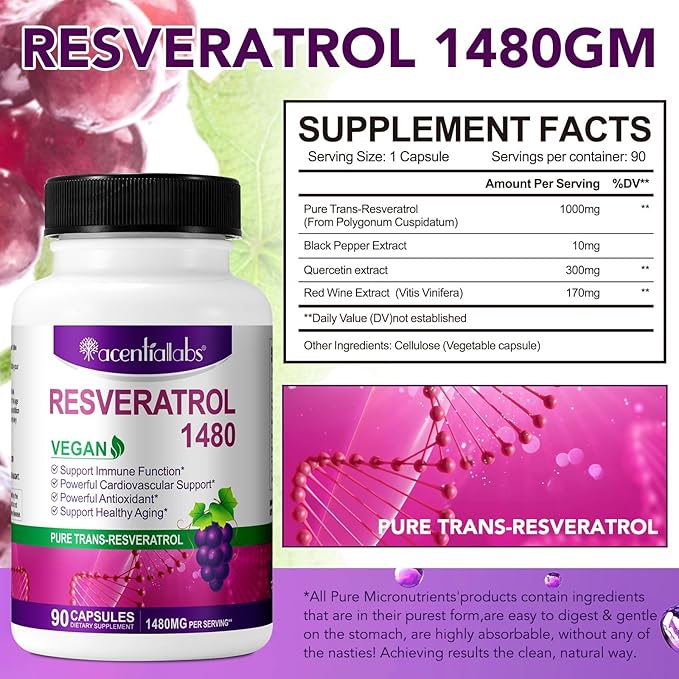100% Natural Resveratrol - 1480mg Per Serving, 90 Veggie Capsules, 99% Pure Trans-Resveratrol, Antioxidant for Healthy Aging, Brain & Heart Support