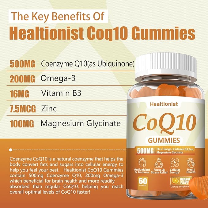 1 Pack 500MG Coq10 Gummies - 3X Better Absorption, Plus Omega-3, Magnesium, Vitamin B3 & Zinc - Coenzyme Q10 Supplements for Heart Health, Cellular Energy & Antioxidant, Vegan, 60 Counts