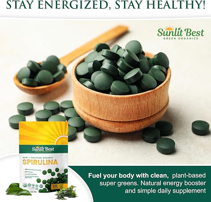 Sunlit Best Spirulina Tablets - Organic Spirulina Tablets USDA Premium 500 Count - Natural Spirulinas Organic Burst for Immune Support Muscle Growth, Energy Boost w/Chlorophyll - High Protein, Non GMO