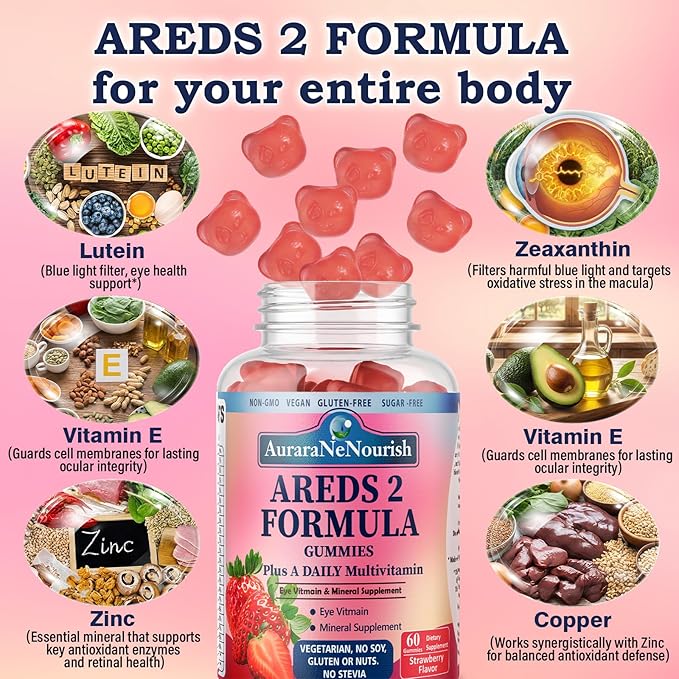 Areds 2 + Advanced Formula for Macular Health, 22-in-1 Eye Vitamin & Mineral Supplement w. Zeaxanthin, Zinc & Vitamin C Supports Eye Strain, Pressure, Night Vision, 60 Chewable Gummies