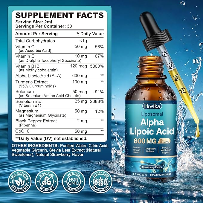 Liposomal Alpha Lipoic Acid Liquid Drops 600mg - Neuropathy Supplements Liquid for Nerve, Energy & Metabolic Support with Benfotiamine, Turmeric, Selenium & C, E & B12, Strawberry 2 Fl Oz