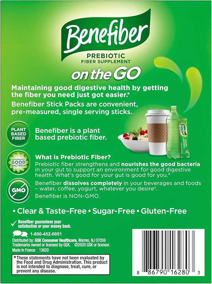 Benefiber On The Go Prebiotic Fiber Supplement Powder for Digestive Health, Daily Fiber, Unflavored - 28 Sticks (3.92 Ounces)