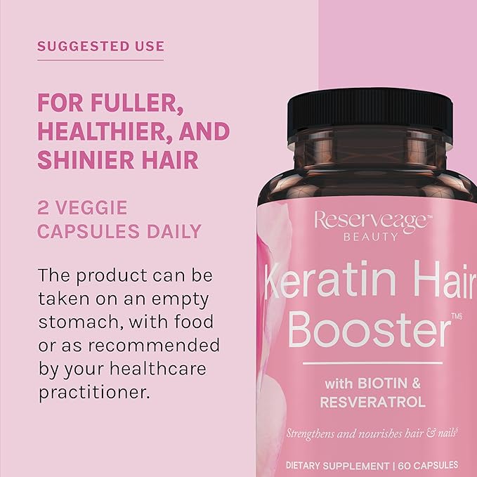 Reserveage Beauty Keratin Hair Booster with Biotin & Resveratrol - Hair & Nail Growth Supplement for Women - Supports Healthy Thickness & Shine with Biotin - 60 Capsules (30 Servings)