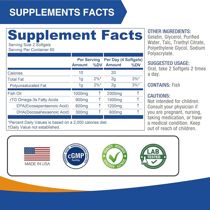 LOVITA Omega-3 Fish Oil 2000mg Supplement for Men and Women, 360 Mini Softgels, High Absorption rTG with EPA & DHA, Burpless Enteric-Coated, Non-GMO, Supports Heart Brain Eye Health, 90 Day Supply