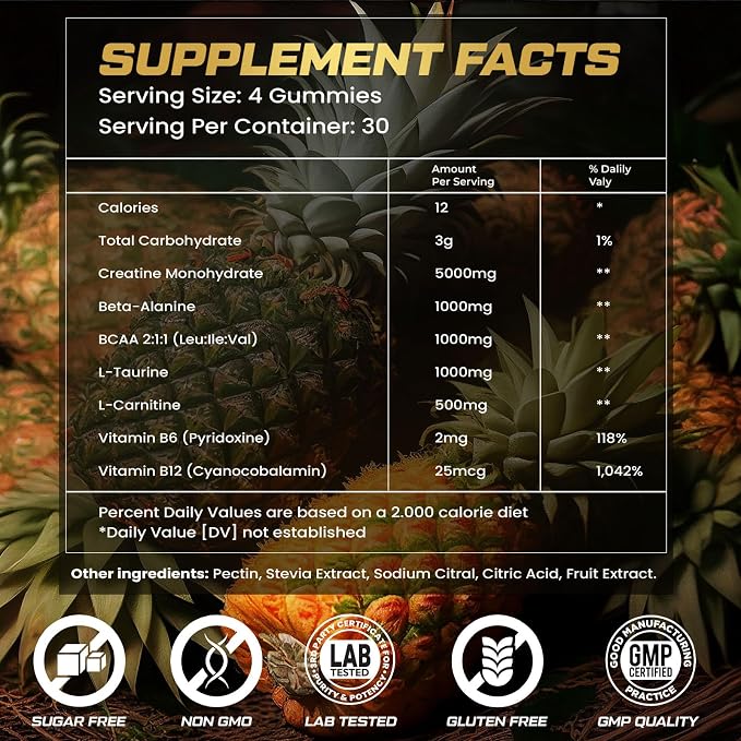 Creatine Monohydrate Gummies for Men & Women, 9000MG Creatine Gummies Sugar Free with L-Taurine, BCAA 2:1, B12 B6 for Boost Strength, Focus & Endurance, Vegan, Non-GMO, Pineapple, 120*2 Bottle