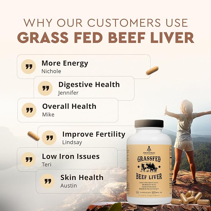 Ancestral Supplements Grass Fed Beef Liver 180 Capsules, Supports Energy Production, Detoxification, Digestion, Immunity and Full Body Wellness, Non-GMO, Freeze Dried Liver Health Supplement