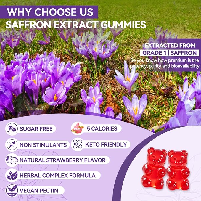 Saffron Gummies for Kids 100% Pure Organic Saffron Extract Sugar Free Saffron Supplements Gummy for Children Calm Mood & Focus - 60 Gummies