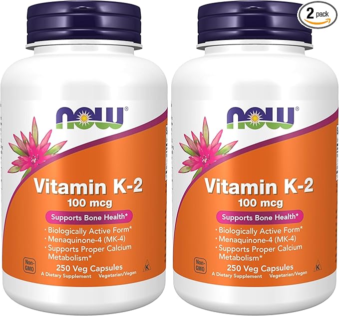 NOW Foods Supplements, Vitamin K-2 100 mcg, Menaquinone-4 (MK-4), Supports Bone Health*, 250 Veg Capsules,(Pack of 2)