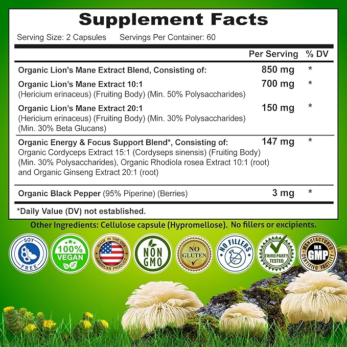 Organic Lion's Mane Supplement Capsules - Contains Naturally Occurring Beta Glucans & Polysaccharides, Enhanced with Organic Energy & Focus Support Blend: Cordyceps, Rhodiola Rosea, Ginseng, 120 Count