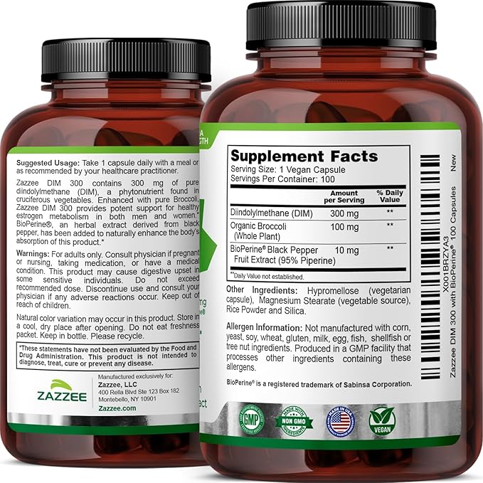 Zazzee DIM 300 mg Per Capsule, 100 Count, Plus 10 mg BioPerine, Estrogen Balance, Hormonal Acne, Menopause Support, Hormonal Balance, Diindolylmethane, Vegan, All-Natural, Non-GMO, Made in The USA