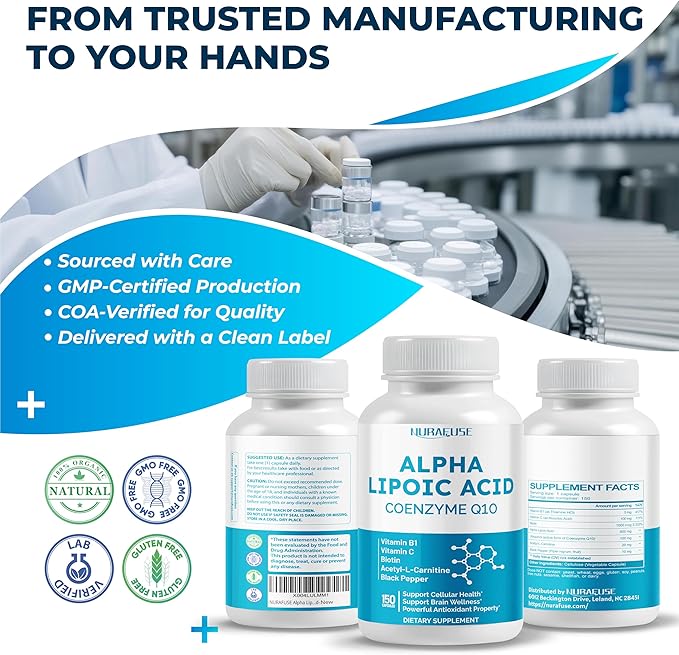 Alpha Lipoic Acid with Coenzyme Q10, Vitamin B, Vitamin C, Biotin, Acetyl-L-Carnitine - Support Cellular Health, Brain Wellness
