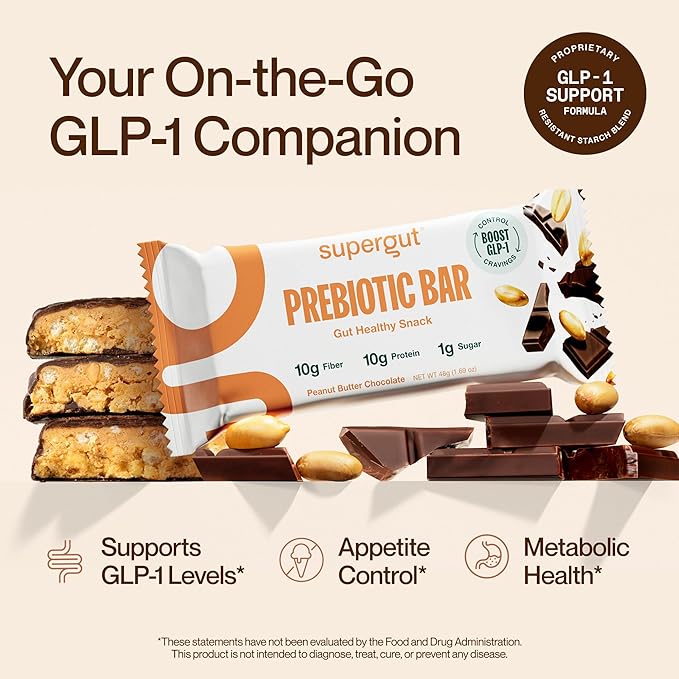 Supergut GLP-1 Boosting Prebiotic Bars, Peanut Butter Chocolate - Gut Healthy Protein Snacks & Breakfast Bars - Keto-Friendly Meal Replacement Energy Bars for Gut Health (12 Count)