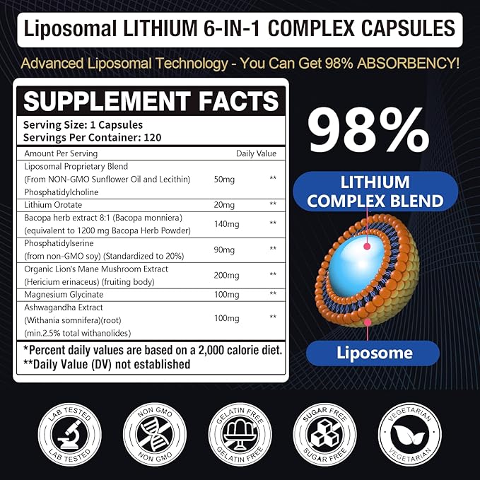 2 Packs Lisopomal Lithium Orotate Complex Capsules, Lithium Orotate 20 mg, Magnesium Glycinate & Ashwagandha, Brain Health Supplements for Cognitive, Mood & Memory – Non-GMO, 240 Vegan Capsules