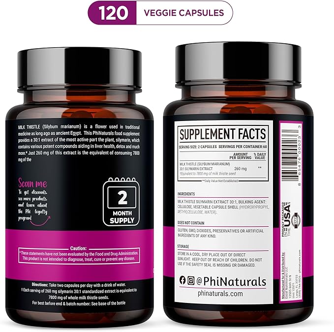 PhiNaturals Milk Thistle Extract Capsules Supplement Liver Detox 260mg Silymarin 30:1 Extract Equivalent to 7800mg Milk Thistle Seeds Liver Detox Silimarina