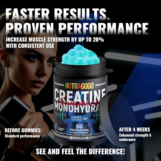 NSF Certified Creatine Gummy - Creatine Monohydrate Gummies for Men & Women-5g of Creatine Monohydrate per Serving - Sugar Free,Vegan, Blueberry Electrolyte Chews, 135 Count