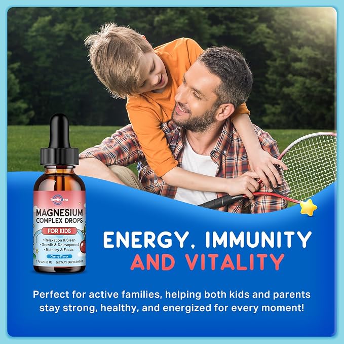 Magnesium Glycinate Liquid for Kids, Kids Magnesium Drops with L-Theanine, Calcium, Zinc, Vitamin D3 K2 for Sleep, Calm, Mood, Relaxation, Focus, Brain, Bones, Natural Cherry Flavor 2 Fl Oz