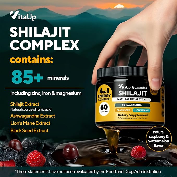 VitaUp Himalayan Shilajit Gummies for Men & Women – Sugar-Free Shilajit Gummies with Fulvic Acid – Pure Energy, Immune & Healthy Aging Support – 60 Gummies