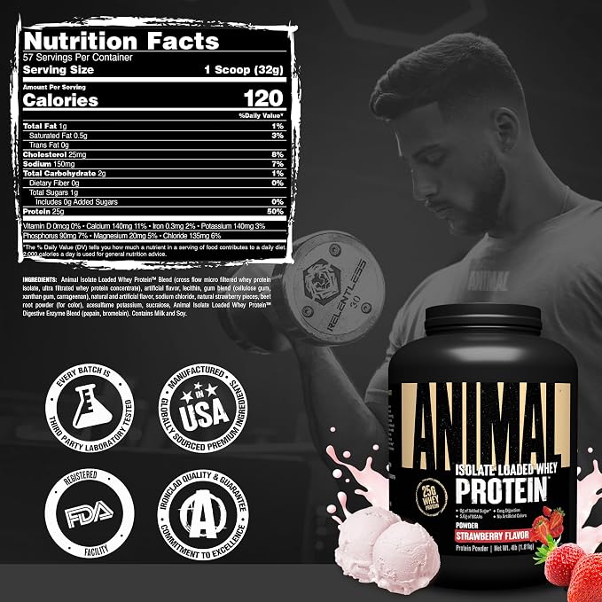 Animal Whey Isolate Protein Powder - Loaded for Pre & Post Workout Muscle Builder and Recovery with Digestive Enzymes for Men & Women - 25g Protein, Great Taste, Low Sugar - Strawberry 4 lbs