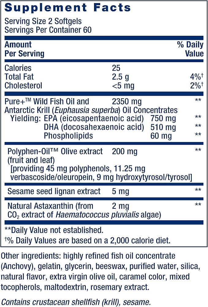 Life Extension Super Omega-3 Plus EPA/DHA Fish Oil, Sesame Lignans, Olive Extract, Krill & Astaxanthin - Heart, Brain & Joint Health Support - Gluten-Free, Non-GMO - 120 Softgels,(Pack of 2)
