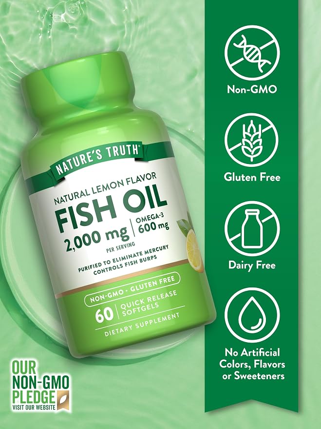 Nature's Truth Fish Oil Omega 3 Supplement | 2000mg | 60 Softgels | EPA & DHA | Lemon Flavor | Non-GMO and Gluten Free