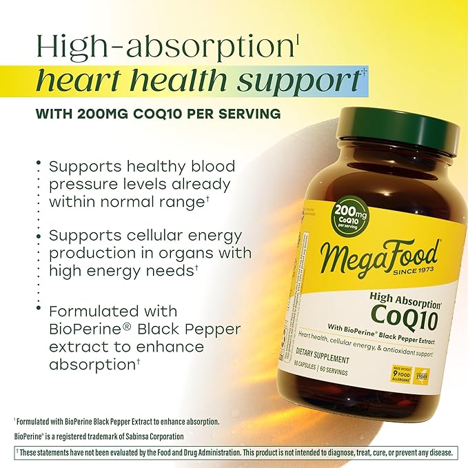 MegaFood High Absorption CoQ10 200mg Per Serving - with BioPerine Black Pepper Extract - Antioxidant Support for Cellular Energy & Healthy Aging - 60 Heart Health Supplements Capsules, 60 Servings