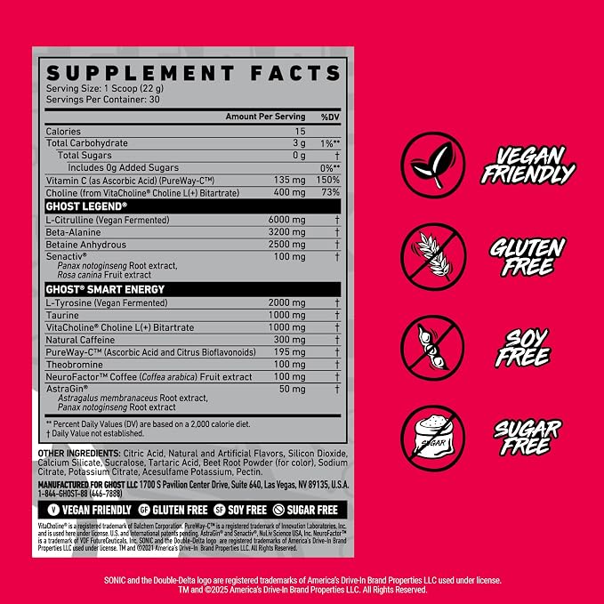 GHOST Legend Pre Workout Powder, Sonic Cherry Limeade - 30 Servings – Pre-Workout for Men & Women with Choline, L-Citrulline, & Beta Alanine for Energy & Focus