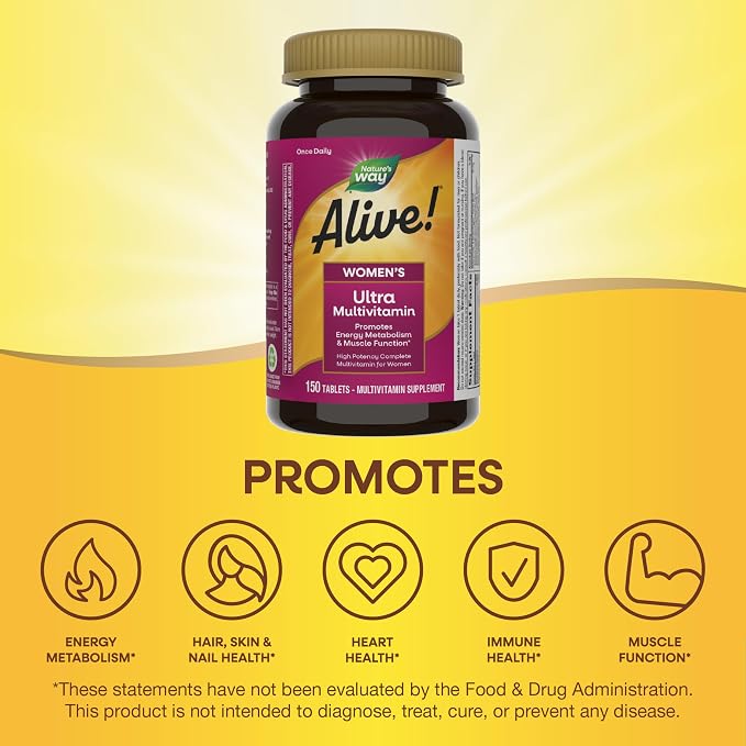 Nature's Way Alive! Women's Daily Ultra Multivitamin,High Potency Formula,Promotes Energy Metabolism and Muscle Function*,Women's Vitamins,Methylated Vitamin B12,150 Tablets,(Pack of 2)